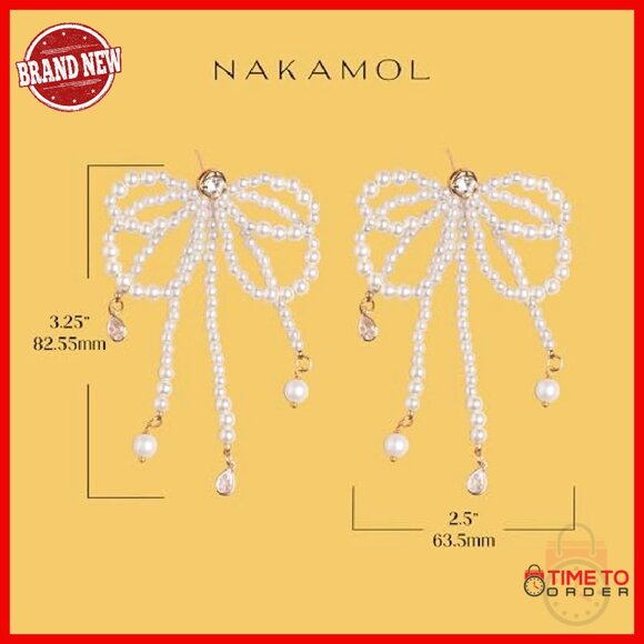 Silver Tone Brass Bow Earrings with Pearls and Crystals - 3.25\